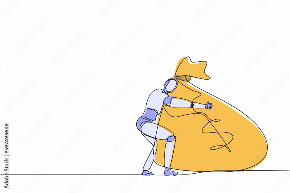 Poster continuous one line drawing robots hugging huge bag full cash of money. humanoid robot cybernetic or