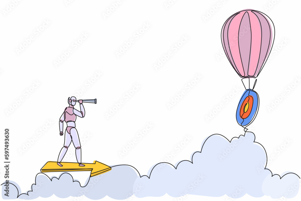 Poster continuous one line drawing robots ride arrow and looking with monocular air hot balloon target. hum