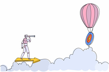 Continuous one line drawing robots ride arrow and looking with monocular air hot balloon target. Humanoid robot cybernetic organism. Future robotics development. Single line draw design vector graphic