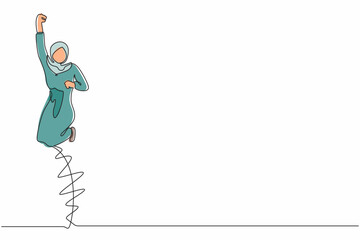 Single one line drawing happy Arab businesswoman jump with folds one leg and raises one hand. Female manager celebrating success of increasing company product sales. Continuous line draw design vector