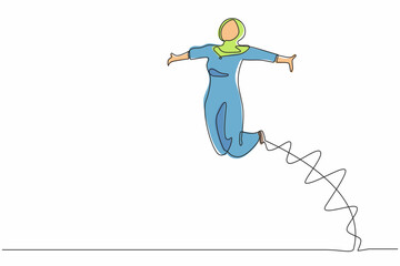 Continuous one line drawing happy Arab businesswoman jump with raised her legs, spread her arms. Female manager celebrating success of increasing company product sales. Single line draw design vector