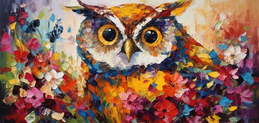 illustration of cute animal in flower garden, idea for children room wall decor or animal wallpaper, owl bird, generative Ai