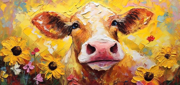 illustration of cute animal in flower garden, idea for children room wall decor or animal wallpaper, cute cow, generative Ai