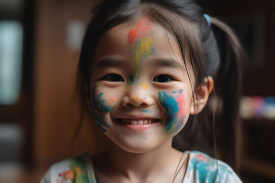 smiling asian girl child with paint on face close up photo, made with generative ai