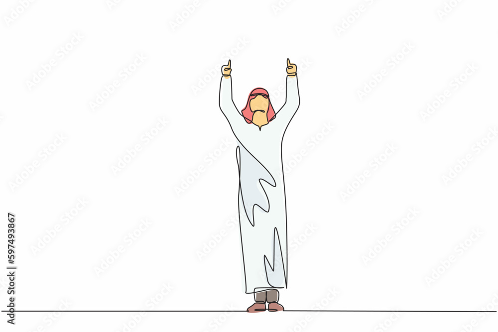 Poster single continuous line drawing happy arab businessman standing and both hands pointing with index fi