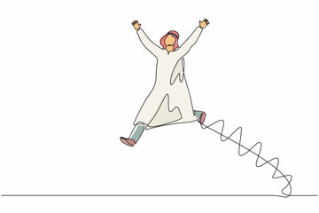 Single continuous line drawing happy Arabian businessman jump with both hands raised. Salesman celebrates salary increase and benefits from company. One line draw graphic design vector illustration