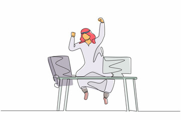 Single continuous line drawing happy Arab businessman jump with raised hands on his workplace. Male manager celebrating success of increasing company product sales. One line draw graphic design vector