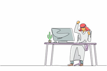 Single one line drawing happy Arab businessman sitting on workplace with raised one hand high and raised the other. Worker celebrates salary increase from company. Continuous line draw design vector