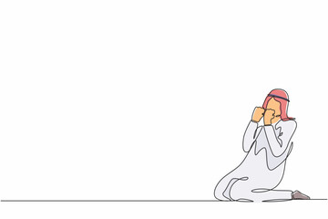 Single one line drawing happy Arab businessman kneeling with gesture of both hands yes. 
Salesman celebrates salary increase and benefits from company. Continuous line draw design vector illustration