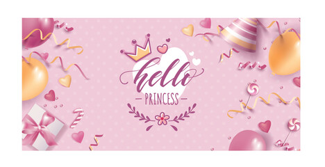 Hello little princess vector poster with calligraphic composition, crown, balloons and floral elements. Baby Shower Pink Background. Baby Arrival Cartoon Vector Illustration