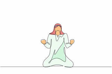 Continuous one line drawing happy Arab businessman kneeling with both hands do gesture yes. Male manager celebrating success of increasing company product sales. Single line draw design vector graphic