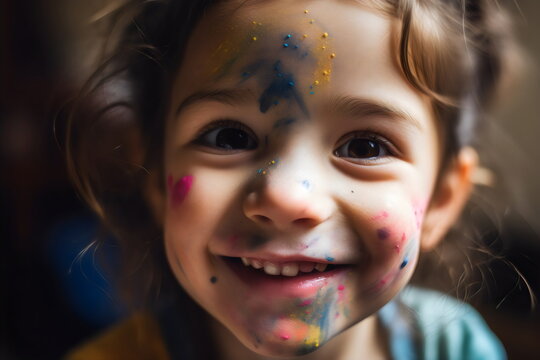 cheeky smiling girl child with colorful paint on face close up photo, made with generative ai
