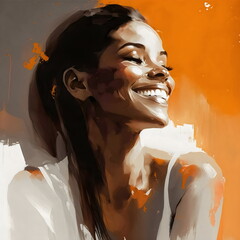 joyous poc woman smiling with closed eyes in orange sunlight painting in abstract impressionist style, made with generative ai