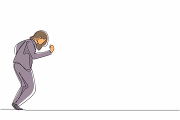 Single continuous line drawing happy businesswoman bow and do the gesture yes. Office worker celebrate success of company project. Successful victory. One line draw graphic design vector illustration