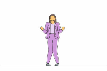 Continuous one line drawing happy businesswoman standing with both hands do gesture yes. Young office worker celebrate success of company project. Single line draw design vector graphic illustration