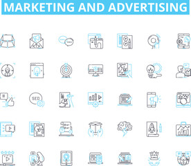 Marketing and advertising linear icons set. Branding, Promotion, Market research, Campaigns, Targeting, Analytics, Strategy line vector and concept signs. Messaging,Media,Sales outline illustrations