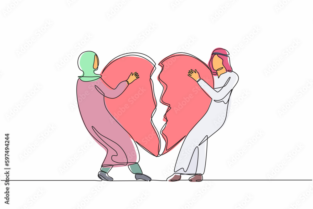 Wall mural Single continuous line drawing lovers broken heart. Young Arab man, woman pulled apart causing each other feel great sorrow, couple in disagreement at end of relationship. One line draw design vector