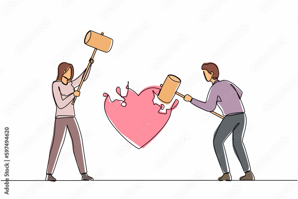 Poster Single continuous line drawing angry couple husband and wife using big hammer to hit broken heart shape. Marriage problem, divorce, violence in broken relationship. One line draw graphic design vector