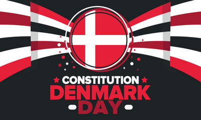 Obraz premium Denmark Constitution Day. National happy holiday, celebrated annual in June 5. Danish flag. Denmark independence and freedom. Patriotic poster. Festive and parade design. Vector illustration