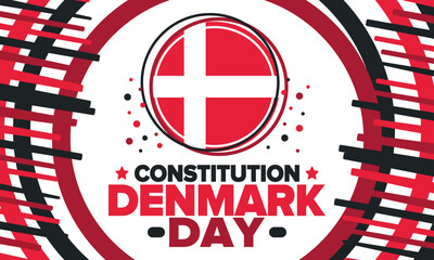 Obraz premium Denmark Constitution Day. National happy holiday, celebrated annual in June 5. Danish flag. Denmark independence and freedom. Patriotic poster. Festive and parade design. Vector illustration