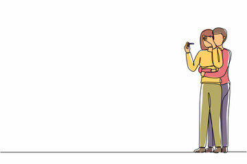 Single continuous line drawing sad couple looking at negative pregnancy test, idea of infertility. Woman and man can't have a baby. Unhappy parents. One line draw graphic design vector illustration