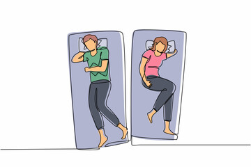 Single continuous line drawing man and woman are sleeping on the bed, Obsessive couple thoughts. Sexual problems in couple, divorce, depression, insomnia. One line graphic design vector illustration