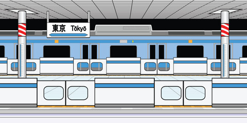 Japan railway or local train station platform with half height platform screen doors background with blue color passenger car train drawing in 3 dimensions view colorful vector