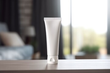 Blank white cosmetic tube mockup with living room background generative AI