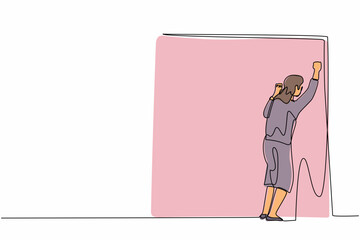 Continuous one line drawing businesswoman crying sad lost her opportunity. Depressed office worker wailing on wall losing her job. Depressive disorder, sorrow. Single line draw design vector graphic
