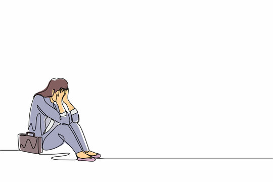 recommend clip art: Single continuous line drawing businesswoman feeling sad and depression sitting on the floor. Office worker feeling blue, stress, sad. Depression for young people. One line draw graphic design vector