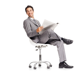 Isolated business man, happy and newspaper with looking, thinking and reading by transparent png...