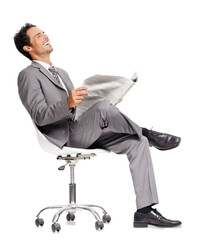 Isolated business man, newspaper and laughing at joke, funny article and reading by transparent png background. Young businessman, executive and paper for comic, news or comedy story on office chair