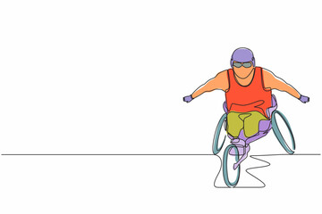 Obraz premium Continuous one line drawing disabled race male athlete wheelchair sport competition. Disability games championship. Hobbies and interests of people with disabilities. Single line draw design vector