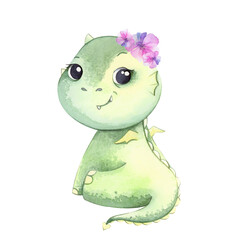 Green, cute watercolor dragon for kids