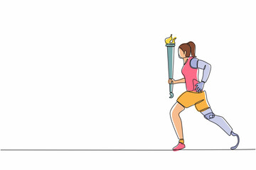 Fototapeta premium Single one line drawing young athlete with prosthetic leg holding torch. Disability sportswoman participating in opening ceremony of sport tournament. Continuous line design graphic vector