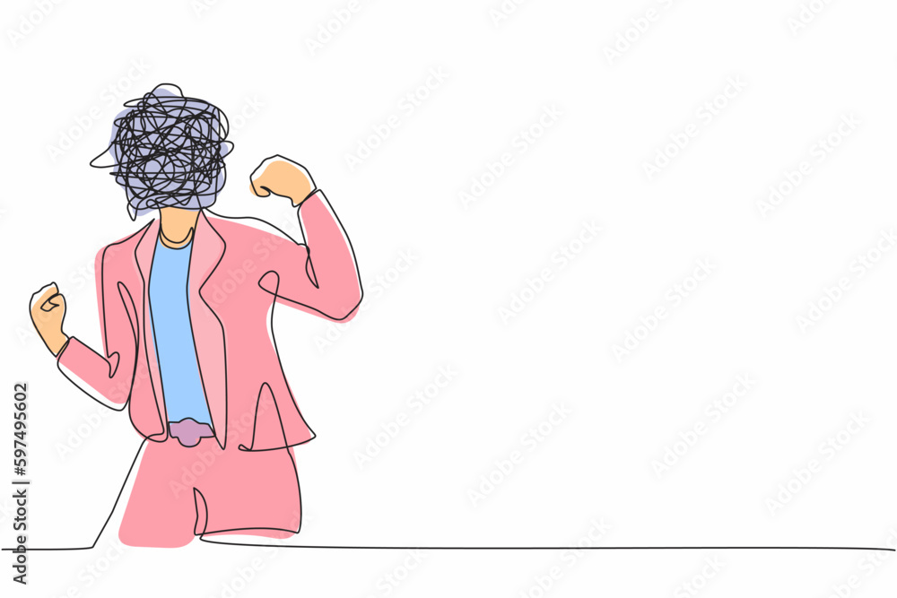 Aufkleber continuous one line drawing businesswoman with round scribbles instead of head. angry female in blaz