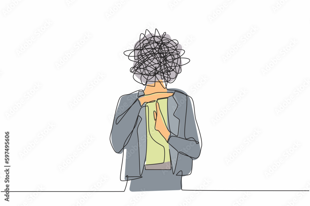 Poster single continuous line drawing businesswoman with round scribbles instead of head. stop working, tim
