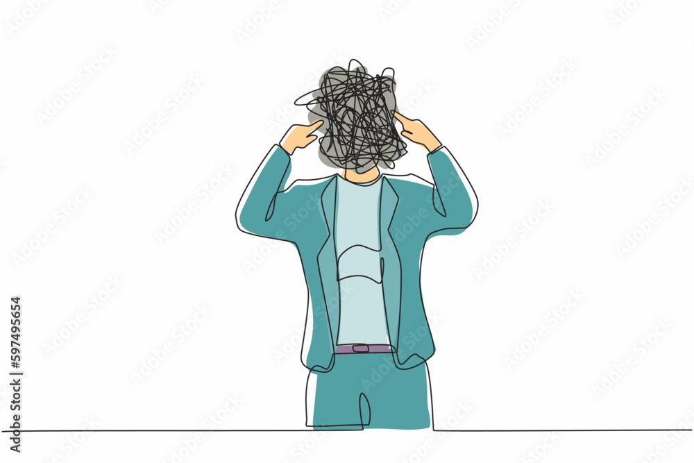 Poster single continuous line drawing businesswoman with round scribbles instead of head. office worker cov
