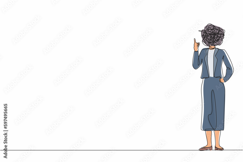 Aufkleber single one line drawing businesswoman with round scribbles instead of head. female manager pointing 