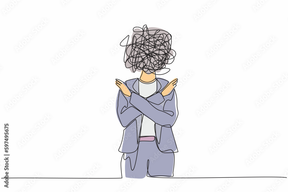 Poster single continuous line drawing businesswoman with round scribbles instead of a head. office worker, 
