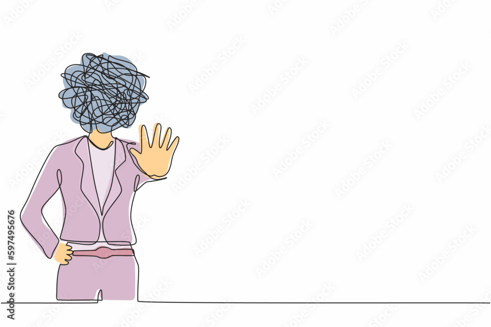 Aufkleber continuous one line drawing businesswoman with round scribbles instead of head. woman making stop ge