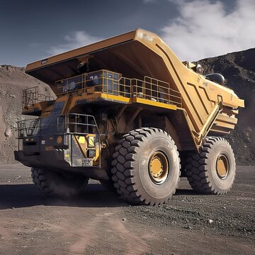 Large Autonomous Driverless Powerful Electric Drive Mining Truck In Open Pit. Generative Ai