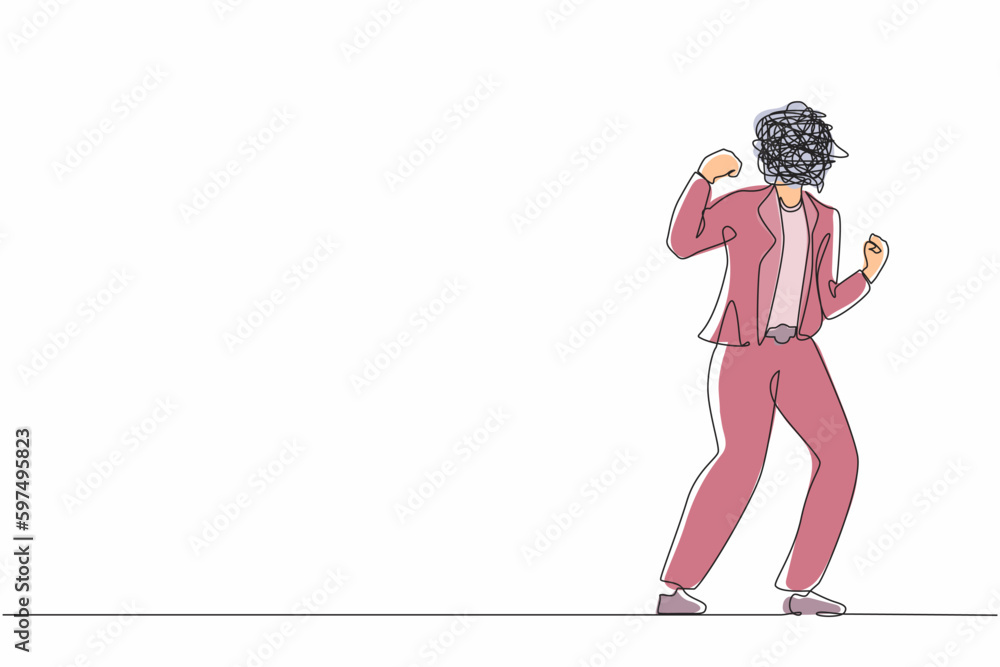 Poster single one line drawing businesswoman with round scribbles instead of a head. angry annoyed worker w