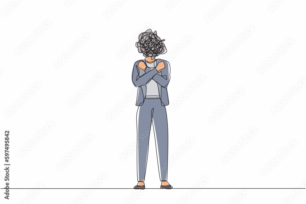Aufkleber continuous one line drawing businesswoman with round scribbles instead of head. female manager with 