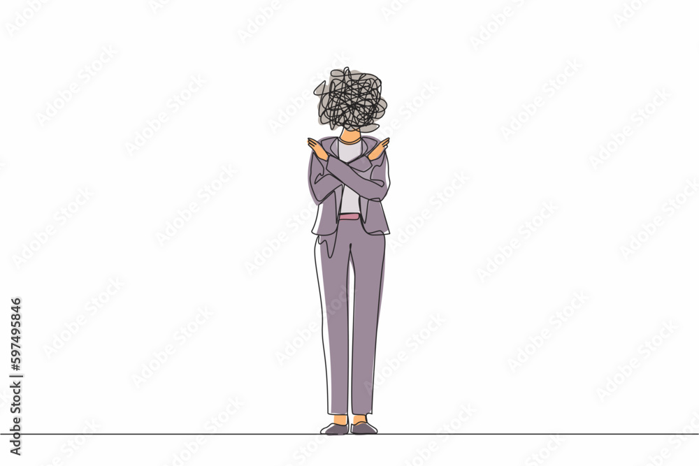 Poster continuous one line drawing businesswoman with round scribbles instead of a head. woman with crossed