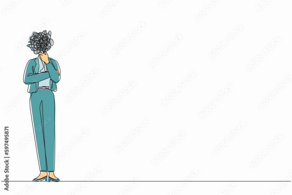 Aufkleber single continuous line drawing businesswoman with round scribbles instead of head. female manager st