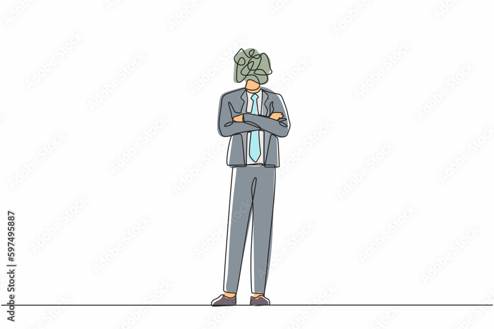 Poster continuous one line drawing businessman with round scribbles instead of head. male manager in blazer