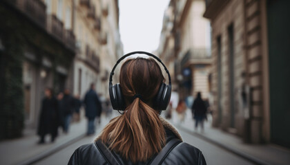 Back view of a woman listening to music or a podcast with headphones in the city, Unusual journey to new cities and countries concept, AI generated - obrazy, fototapety, plakaty
