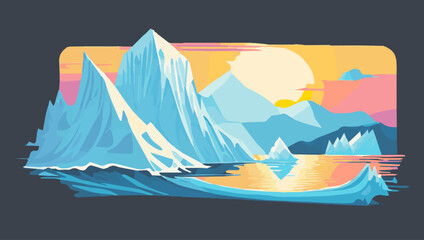 Vector illustration of icebergs in the ocean at sunset. Flat style.