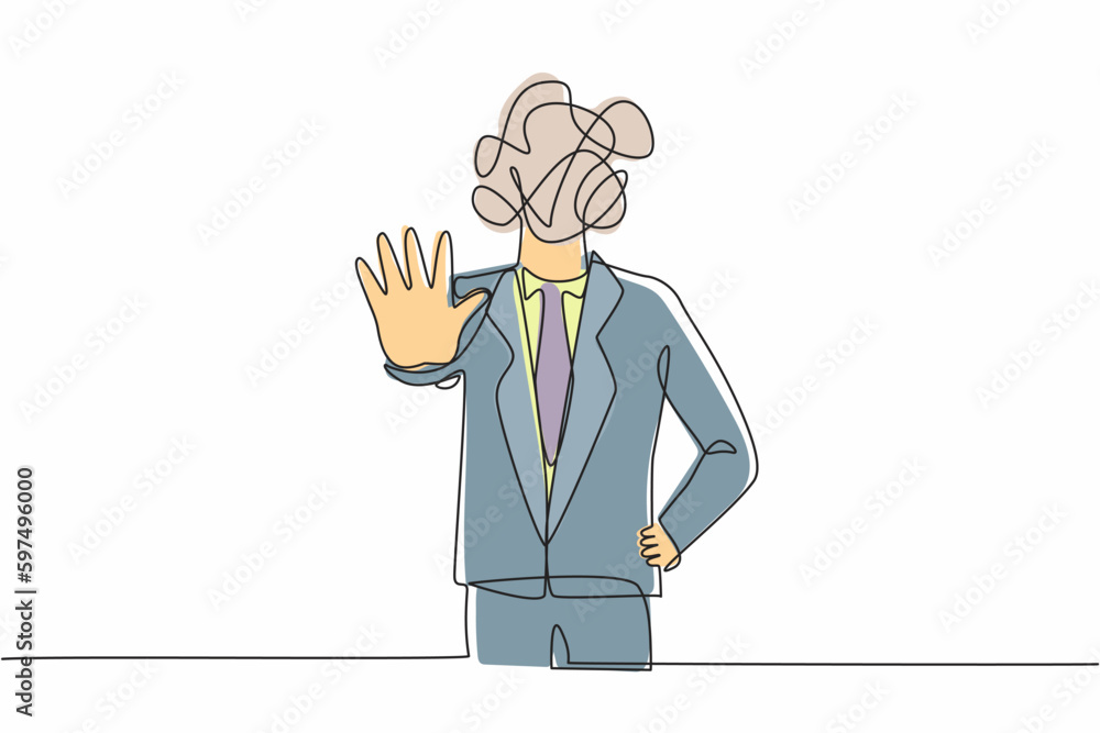 Poster single one line drawing businessman with round scribbles instead of a head. man making stop gesture 